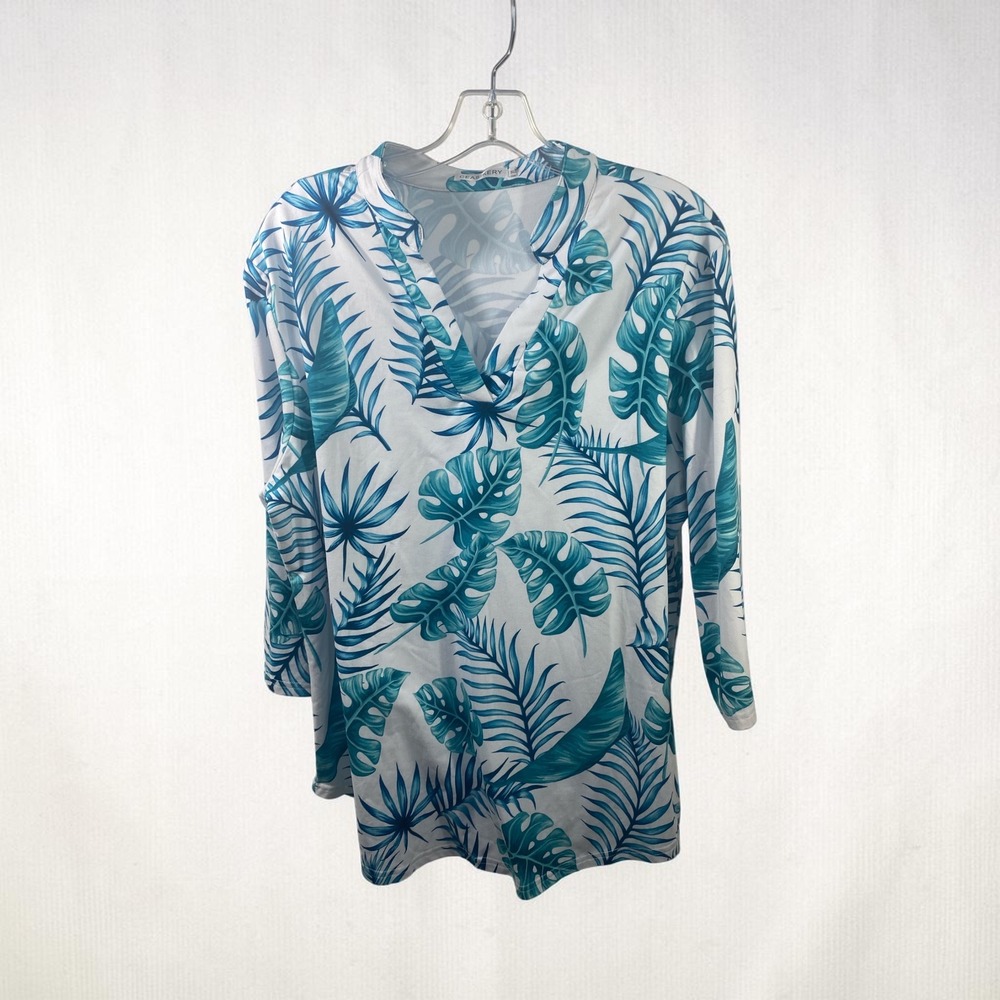 Ceasikery Womens XL Tropical Palm Leaf Print V-Neck Tunic Top 3/4 Sleeve Teal